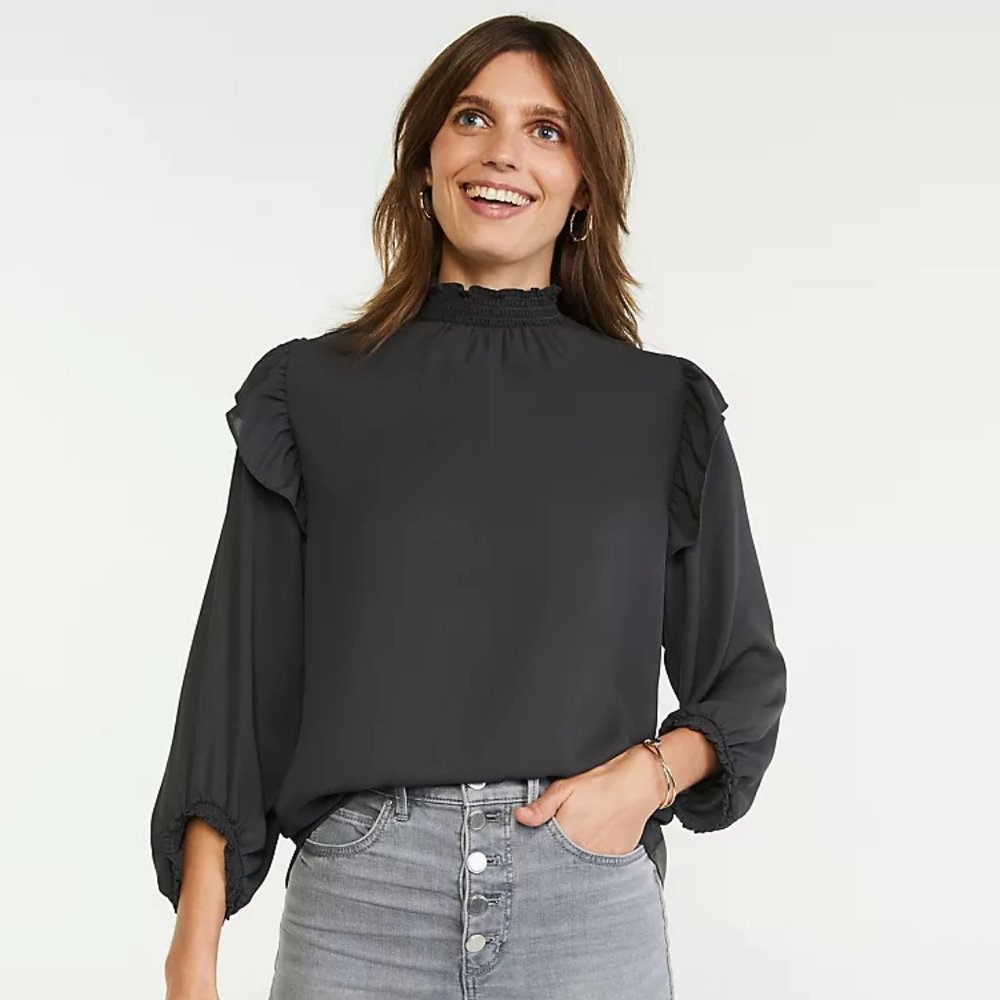 Ann Taylor Smocked Mock Neck Ruffle Top Dark Gray